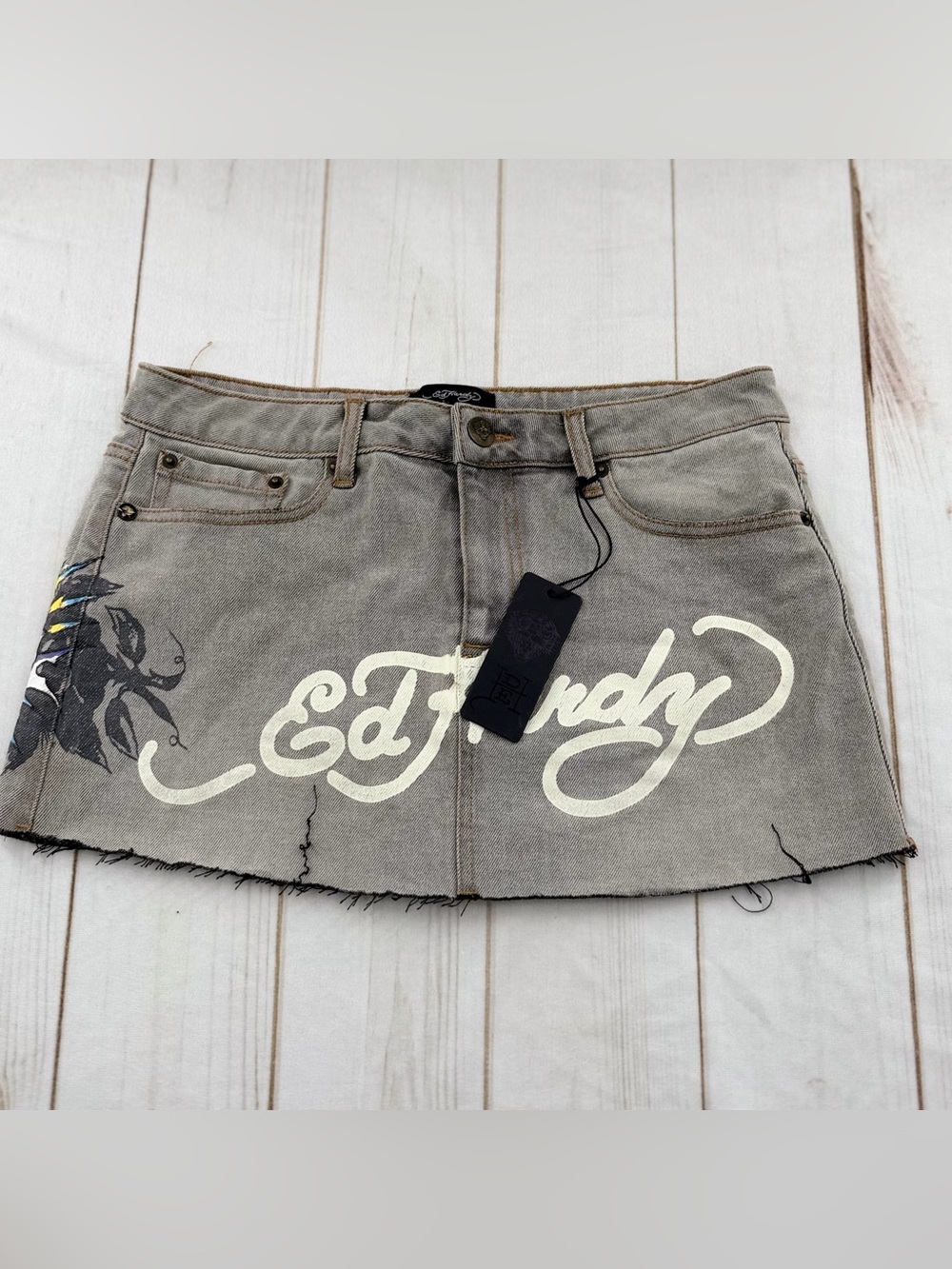 Ed Hardy Gray Denim Mini Skirt with White Script Logo